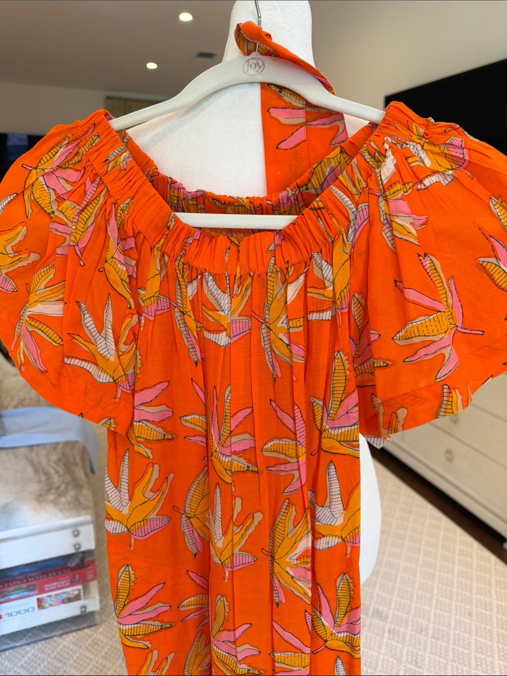 Oliphant- Women’s Orange Off The Shoulder Tropical Print MIDI Dress- Size: Small - Picture 2 of 9